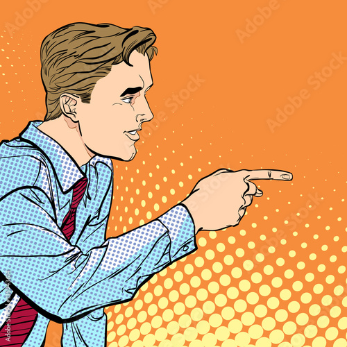 A man pointing a finger. A man explaining something. Speaking man. The man at the podium speaks. Handsome young businessman giving advice. Concept idea of advertisement and promo. Halftone background.
