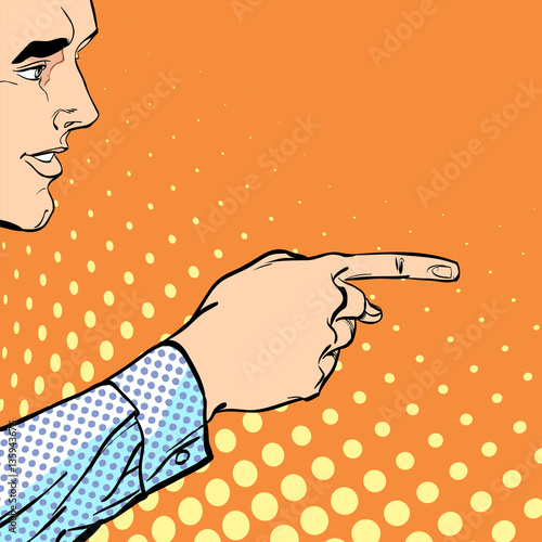 A male hand with forefinger. A man pointing a finger. A man explaining something. Businessman giving advice. Concept idea of advertisement and promo. Halftone background.