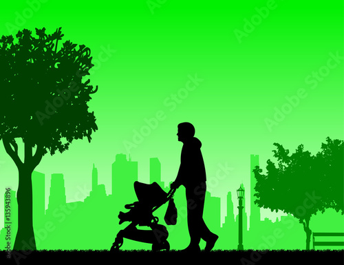 Father walking with his baby in a stroller in the park, one in the series of similar images silhouette