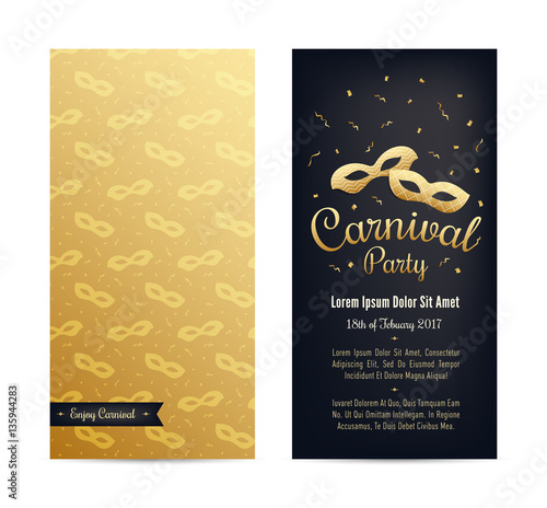 Carnival two sides poster, flyer, invitation design. Masquerade tickets with golden mask seamless pattern, lettering and emblem. Carnival masks with serpentine, confetti. Place for text. Vector.