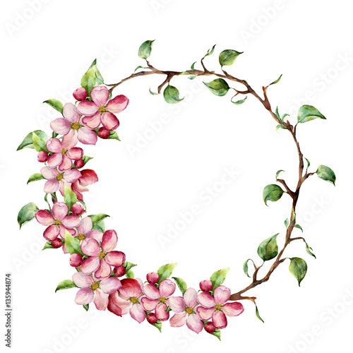 Watercolor wreath with tree branches with leaves and apple blossom. Hand painted floral illustration isolated on white background. Spring elements for design.