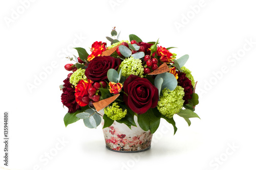 red roses and an assortment of flowers in a pot. Valentine s Day