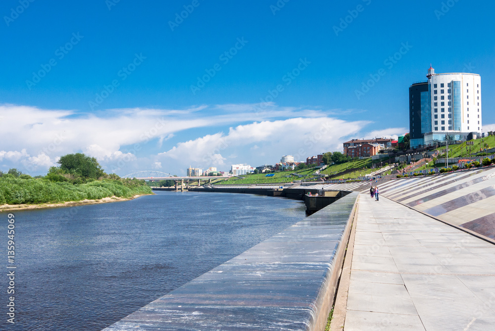 Panoramic views of the city and the promenade on the river Tura .Tyumen largest city in Siberia, the second name of 
