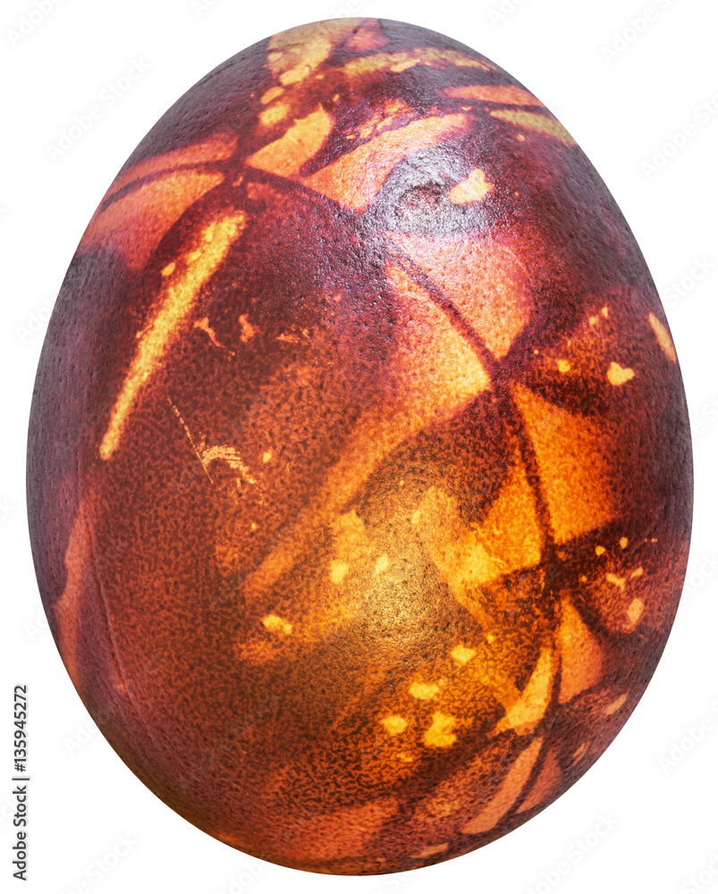 Easter Egg Red Dyed and Decorated with Leaves Imprints Isolated on White Background - obrazy, fototapety, plakaty 