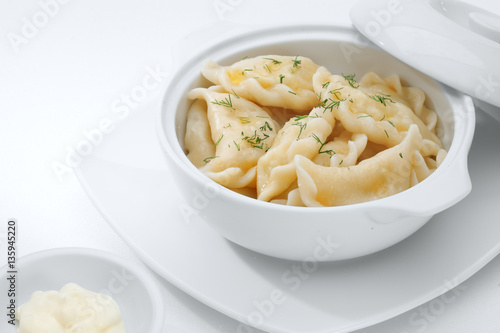 close up view of nice delicious ravioli on white back