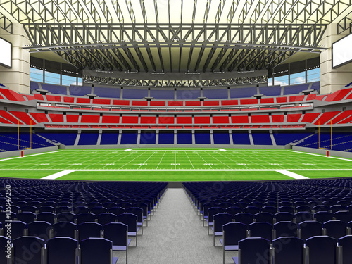 3D render of modern American football super bowl lookalike stadium with red and blue seats
