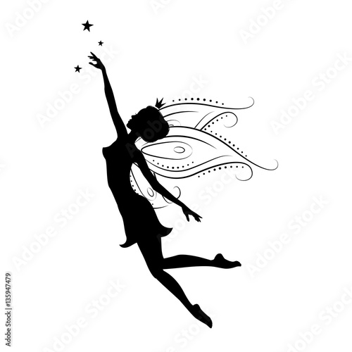 Silhouette of a fairy. Template fairy for cut of laser or engraved. Stencil for paper, plastic, wood, laser cut acrylic. Decoration for windows, wall and interior design. Vector illustration isolated.