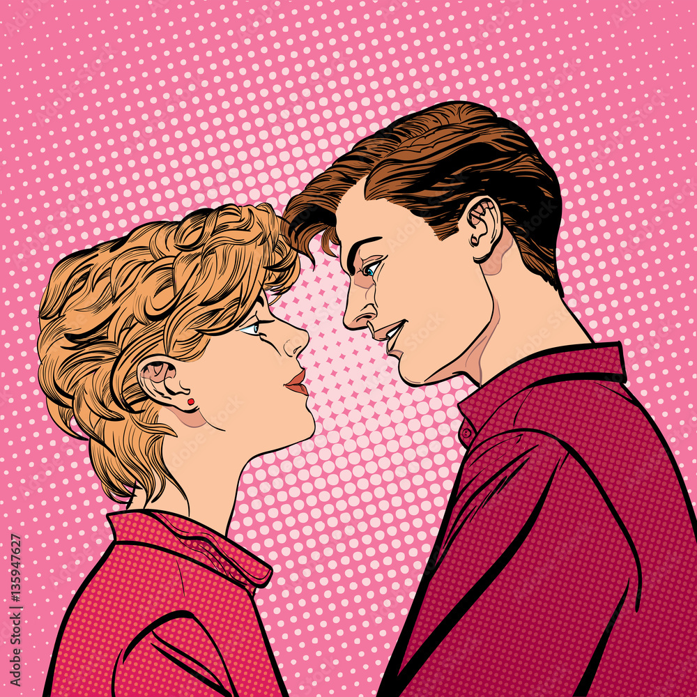 Lovers couple kissing, Romantic kiss. Romance valentine's day illustration. Happy Valentine's day. Concept idea of advertisement and promo. Halftone background. Pop art retro style illustration. Lovers couple kissing, Romantic kiss. Romance valentine's day illustration. Happy Valentine's day. Concept idea of advertisement and promo. Halftone background. Pop art retro style illustration.