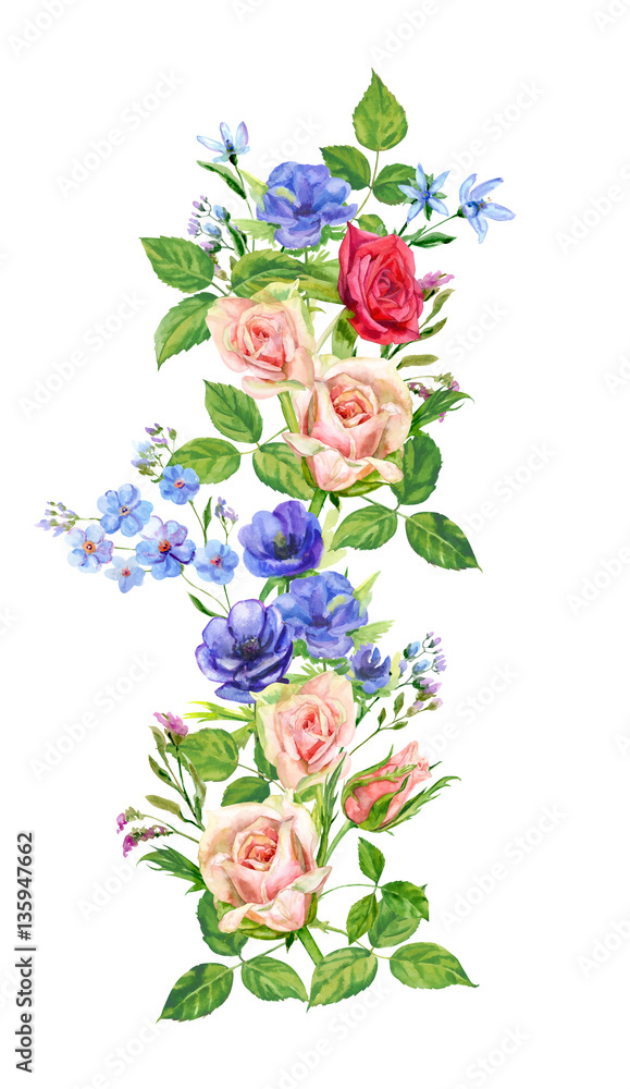 Floral vertical border, pink, red, blue flowers, bouquet of roses and