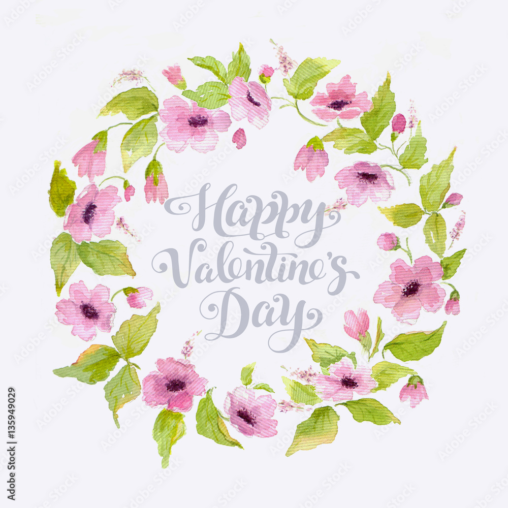 Happy Valentines Day card with flower wreath. Watercolor greeting card