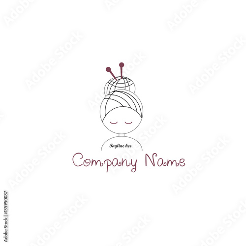 initial logo of female avatar with needles in hair isolated on white background, concept knitting