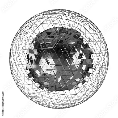 Abstract sphere with shiny cube 3D rendering photo