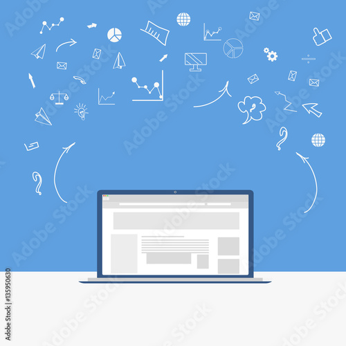 hand doodle charts with laptop on blue background, web development concept