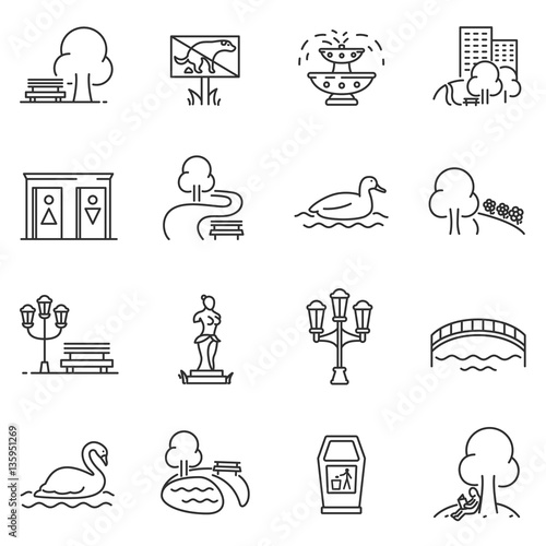 City park icons set. The open plot of land for recreation, thin line design. isolated symbols collection