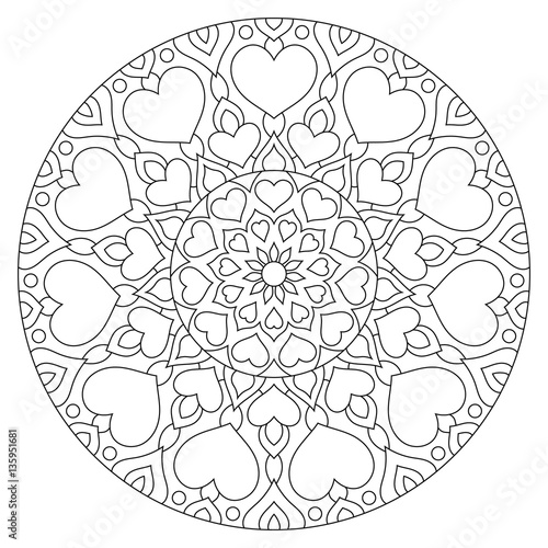 Fototapeta Naklejka Na Ścianę i Meble -  Flower mandala with hearts. Coloring page for