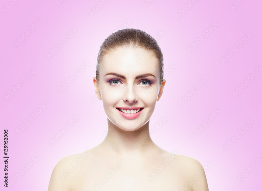 Portrait of young, beautiful and healthy woman: over violet background. Healthcare, spa, makeup and face lifting concept.