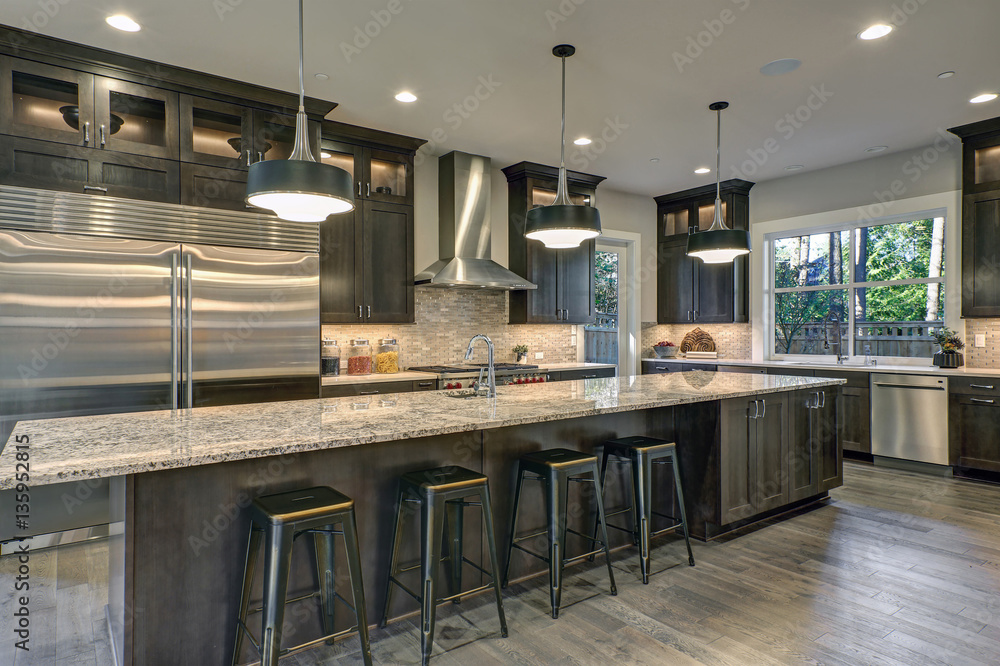 Fototapeta premium Modern kitchen with brown kitchen cabinets