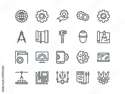Engineering. Set of outline vector icons. Includes such as Manufacturing, Engineer, Tool, Production, Settings and other. Editable Stroke. 48x48 Pixel Perfect.