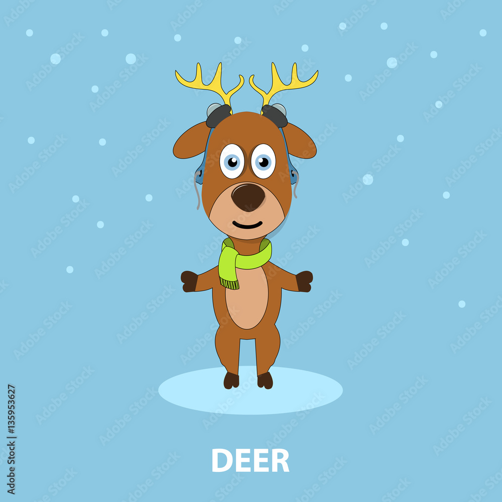 Funny Christmas deer with colored scarf on blue background, Vector illustration Funny Christmas deer with colored scarf on blue background, Vector illustration
