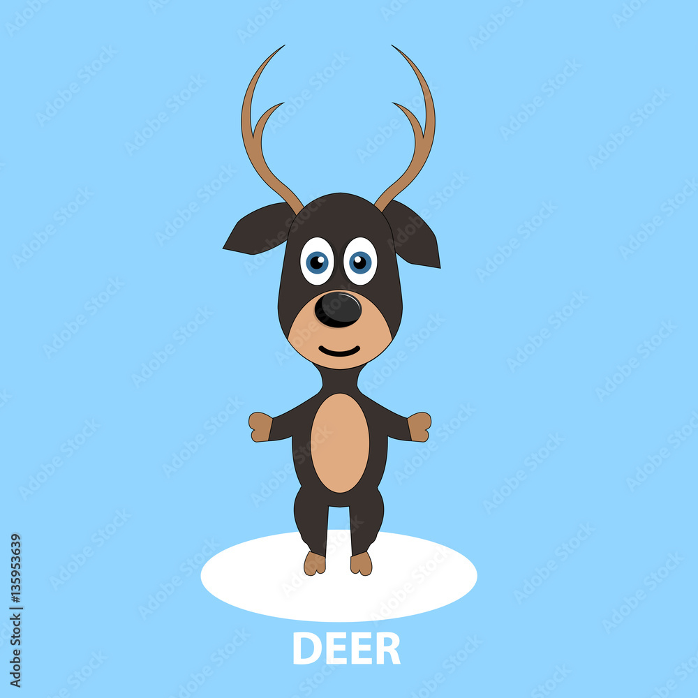 Fototapeta premium Funny Christmas deer with colored scarf on blue background, Vector illustration