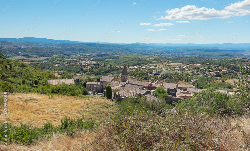 Top view of the rooftops of the village Mirabel and the valley of the Ardèche