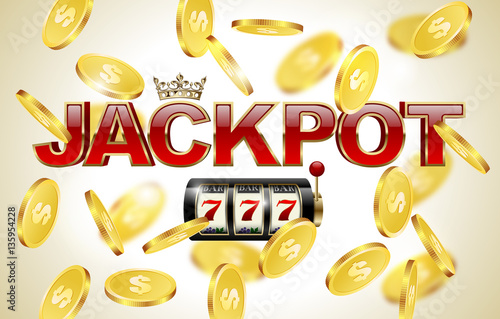 Red glossy jackpot text with crown, slot machine with lucky seven and falling golden coins background. Winner casino.