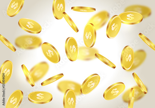 Warm gold coins falling texture isolated on light in different positions. Festive golden shining money shower background.