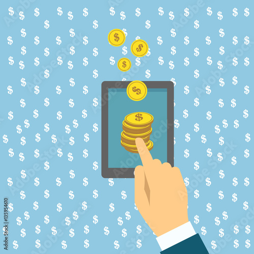 Hand tapping smart phone with money on screen, the concept of online business 