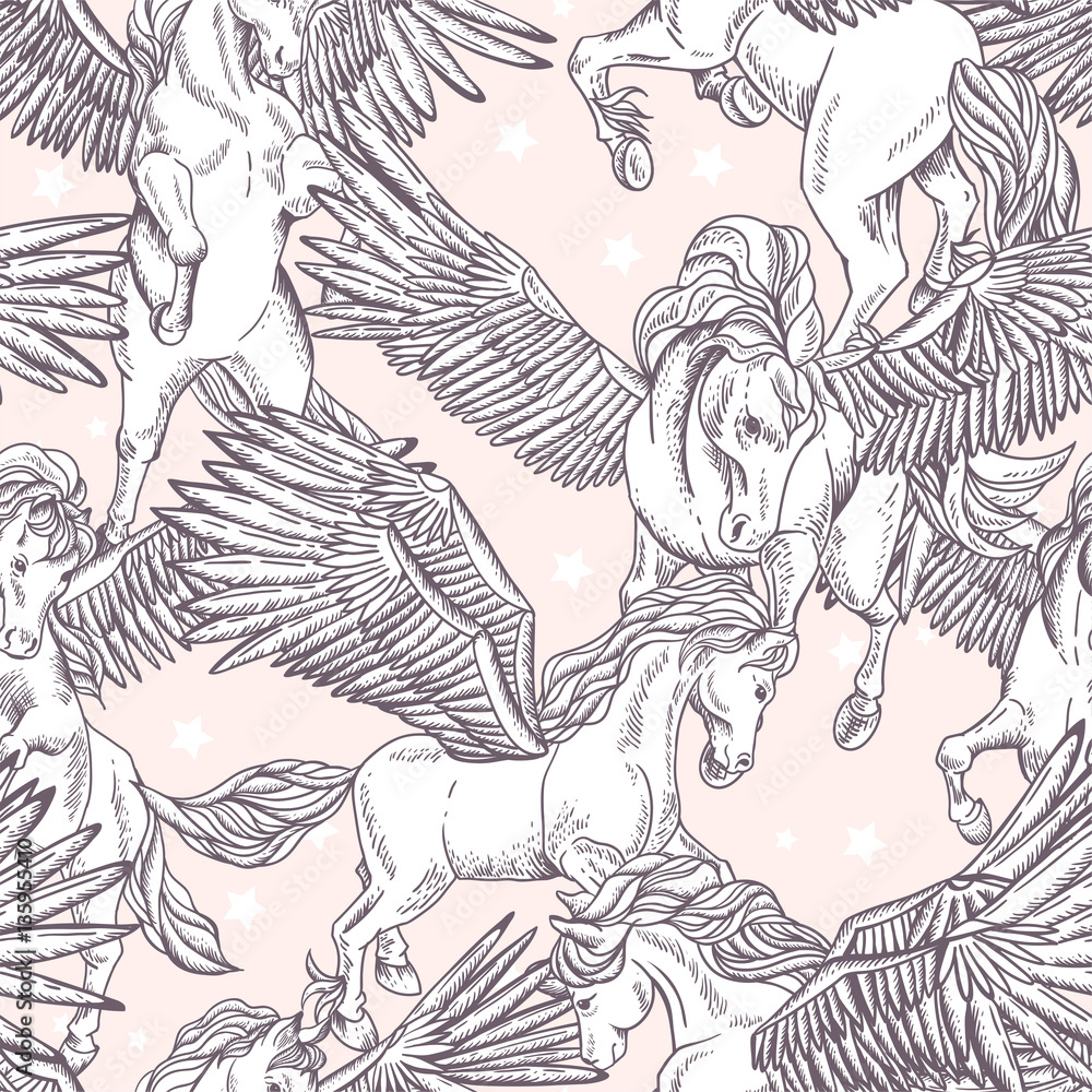 Vector seamless pattern of white winged pegasus