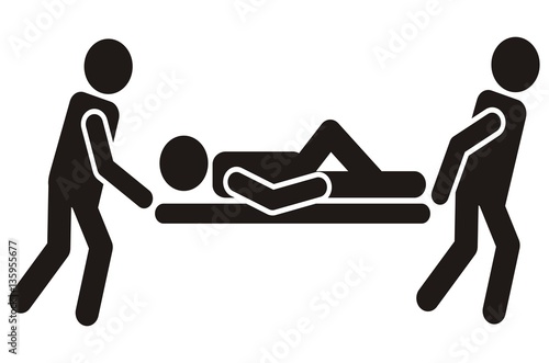 Medics carry a stretcher with the patient. Black silhouette, vector icon.