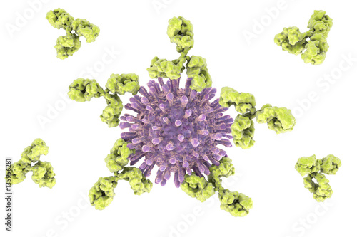 HIV and antibodies, 3D illustration. Concept for treatment of HIV infection and AIDS