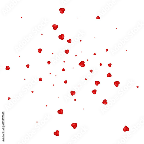 Heart confetti of Valentines petals falling on white background. Flower petals