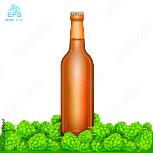 Realistic mock up brown bottle of beer stand among hop cones on white backgroun