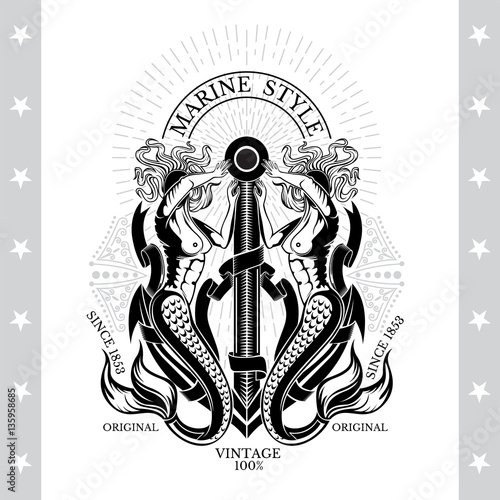 Two marmaids with triden in arms hold the anchor with ribbons and line pattern. Marine style background on blackboard