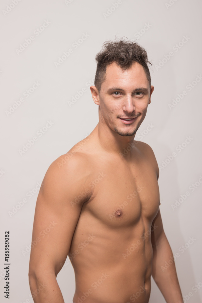 young man smirk, upper body, side view, model polaroid snapshot