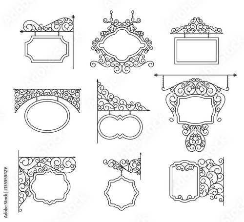 Forged metal signboards set. Linear design. Vector outline illustration isolated on white.