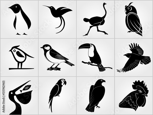 Set of Birds icons. Penguin, Bird, Pelican, Humming Bird, Owl,  Eagle, Cock, Rooster, Toucan, Ostrich, Raven, Great Tit  and Parrot icons