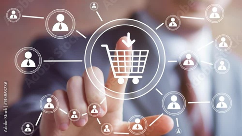 Businessman pressing button shopping cart icon network