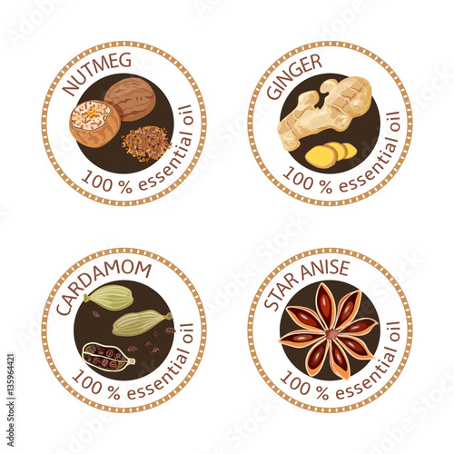 Set of essential oils labels. Nutmeg, ginger, cardamom, star anise