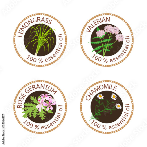 Set of essential oils labels. Rose Geranium, lemongrass, Chamomile, Valerian herb