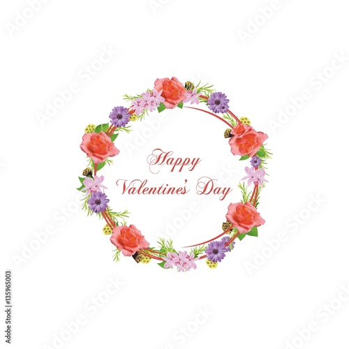 Romantic Valentine's Day. Greeting card with flowers and a wreath.