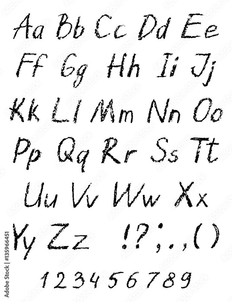 Black pastel chalk like child's drawing alphabet on white board. Hand drawn font. ABC drawing letters. Like kids drawing alphabet. Vector Black pastel chalk like child's drawing alphabet on white board. Hand drawn font. ABC drawing letters. Like kids drawing alphabet. Vector