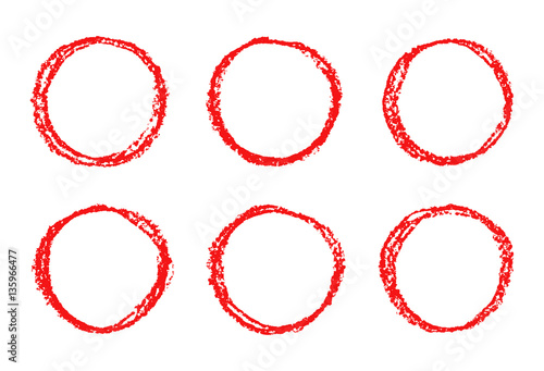 Set of red hand drawing round design elements. Wax crayon circle frames background. Vector pastel chalks texture