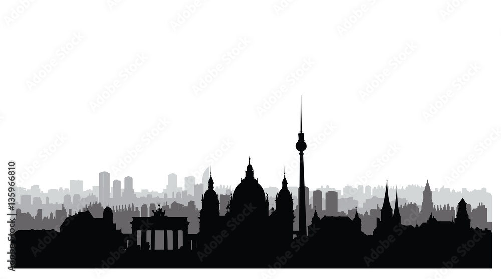 Fototapeta premium Sylwetka miasta Berlin. Niemiecki krajobraz miejski. Berlin gród ze słynnymi zabytkami i budynkami. Podróż Niemcy tło