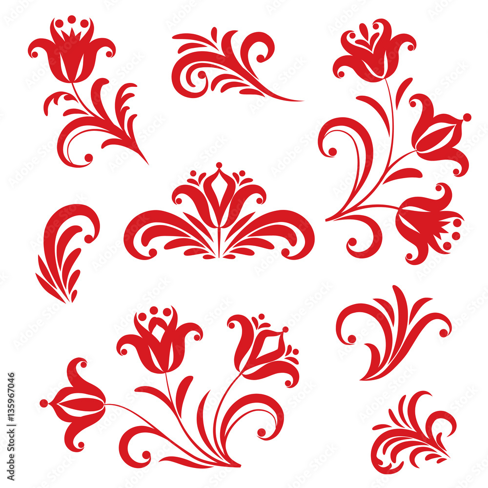 Floral pattern design element set. Ornamental flowers in russian folk style Floral pattern design element set. Ornamental flowers in russian folk style