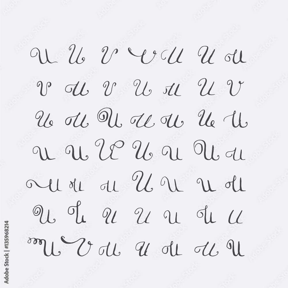Vector set of calligraphic letters U, handwritten with pointed nib, decorated with flourishes and decorative elements. Isolated on grey black imperfect letters sequence. Various shapes collection.