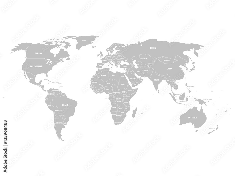 Grey political World map with country borders and white state name labels. Hand drawn simplified vector illustration.