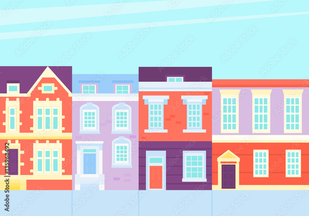Old town. Street with vintage houses. Flat design. Vector illustration