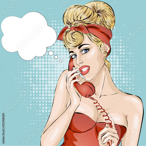 Sexy Pin-up woman answers a phone call. Vector pop art comic retro style illustration