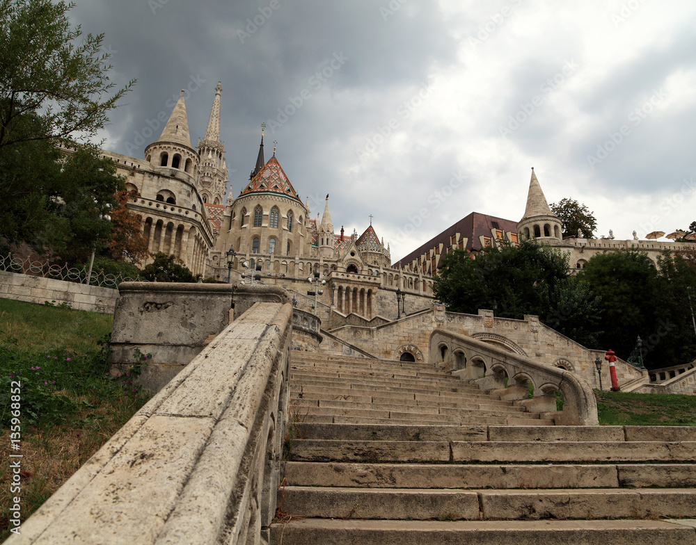 Fisherman's Bastion - View of the eastern stairway entrance up to this historic landmark in Budapest, Hungary.